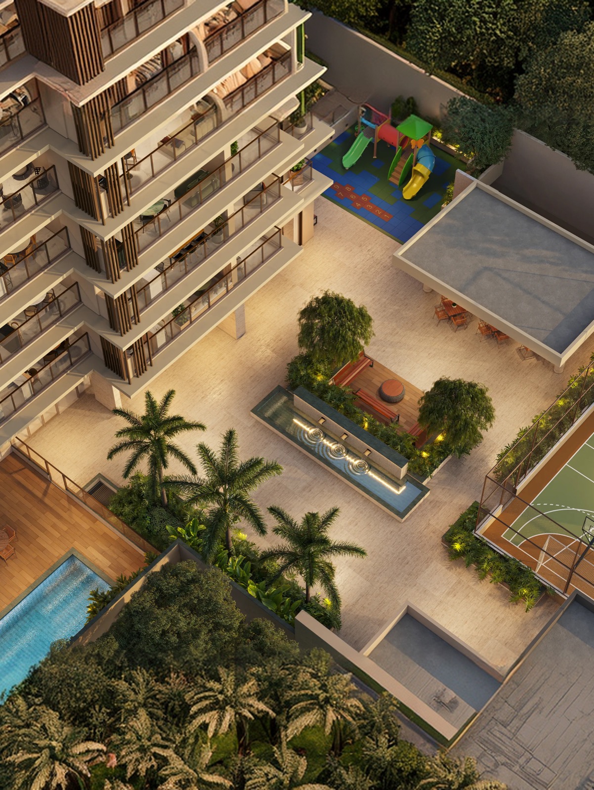 Área de lazer com piscina, playground e churrasqueira do Iliah, vista aérea