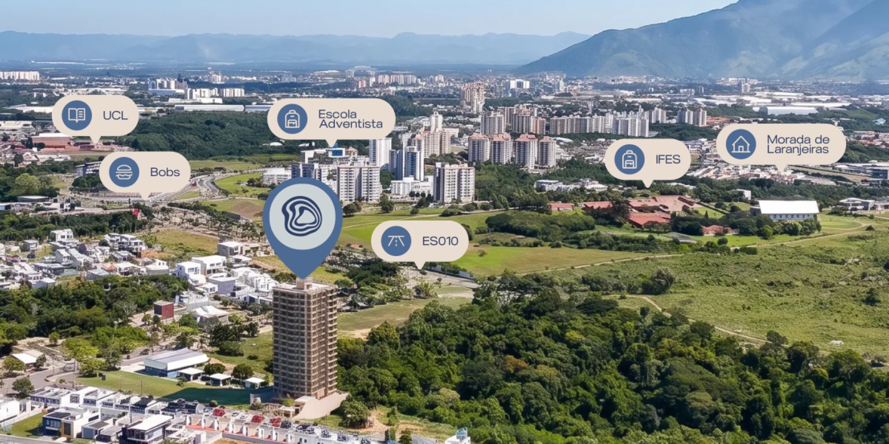 Mapa de localização do Iliah em Manguinhos, com pontos de interesse ao redor: ES010, Escola Adventista, IFES, Morada de Laranjeiras, UCL e Bobs
